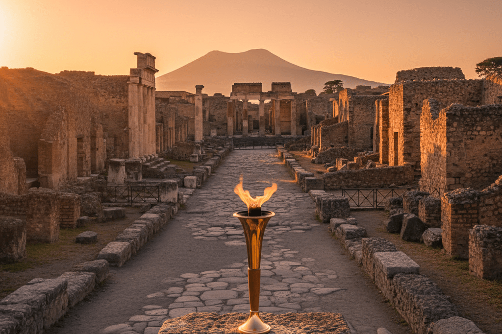 Wide shot of ancient Pompeii ruins with an unbranded Olympic torch under golden hour lighting, symbolizing heritage and global unity