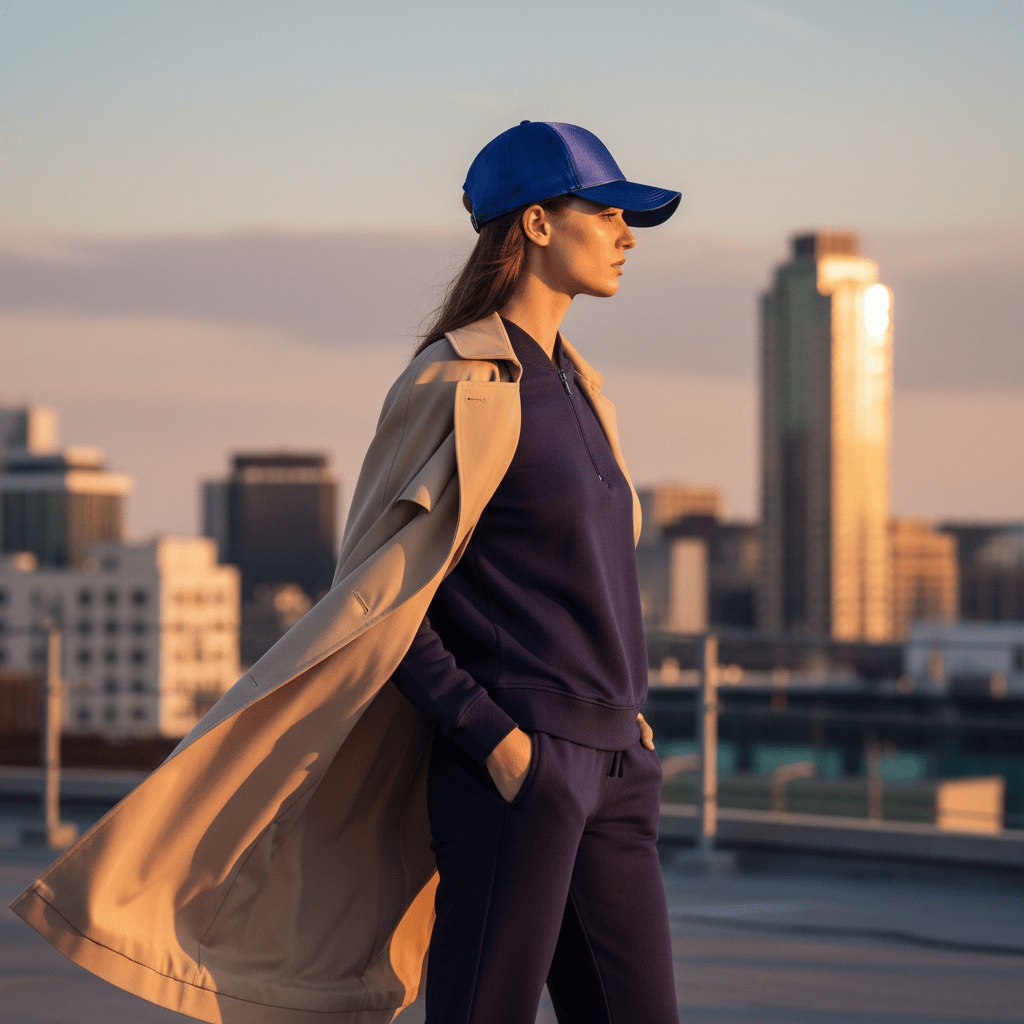 Sophisticated sapphire blue silk cap on urban rooftop at golden hour.
