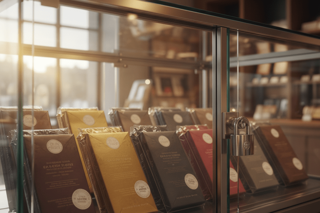 Retail display of premium chocolate bars in a locked glass case emphasizing modern anti-theft strategies