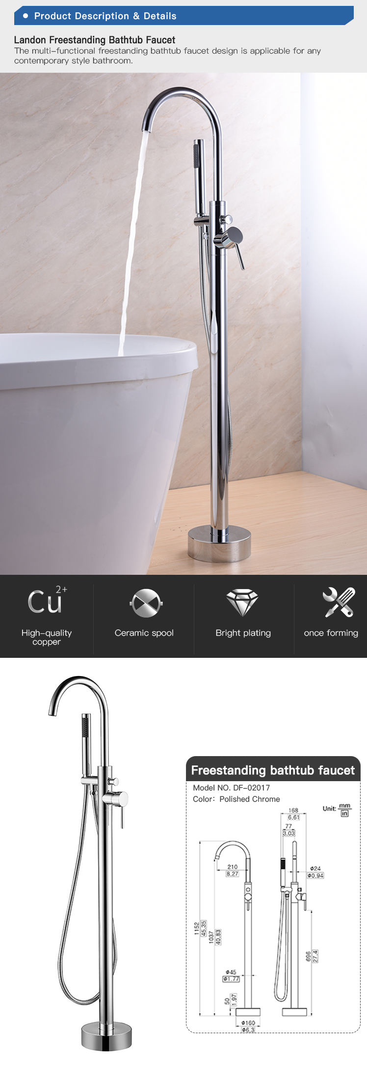 Round Chrome Mirror Freestand Free Standing One Piece Freestanding Bathtubs Shower Faucet