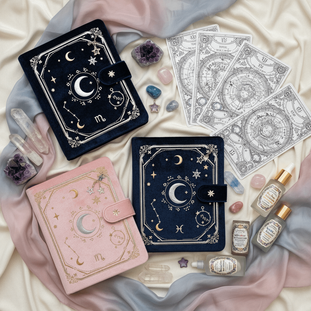Luxurious astrology planner flat lay with celestial pendants and gemstones.