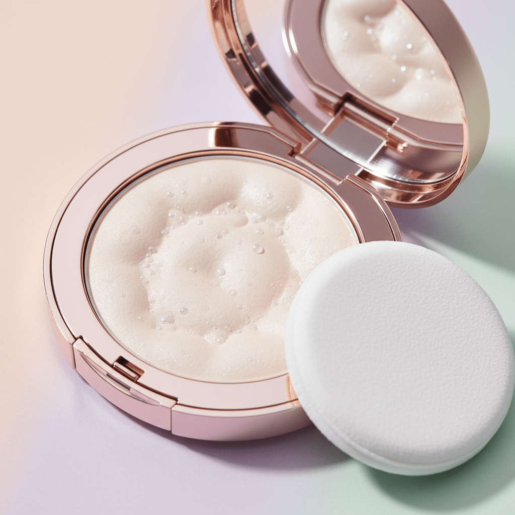 Macro view of finely milled powder with silica spheres in a compact case.