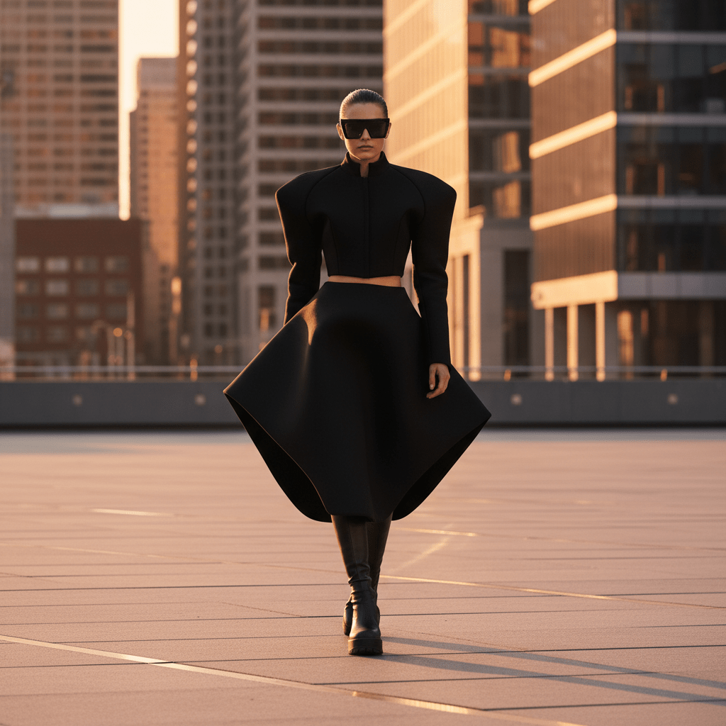 Model in bold black architectural fashion walks in urban plaza during golden hour.