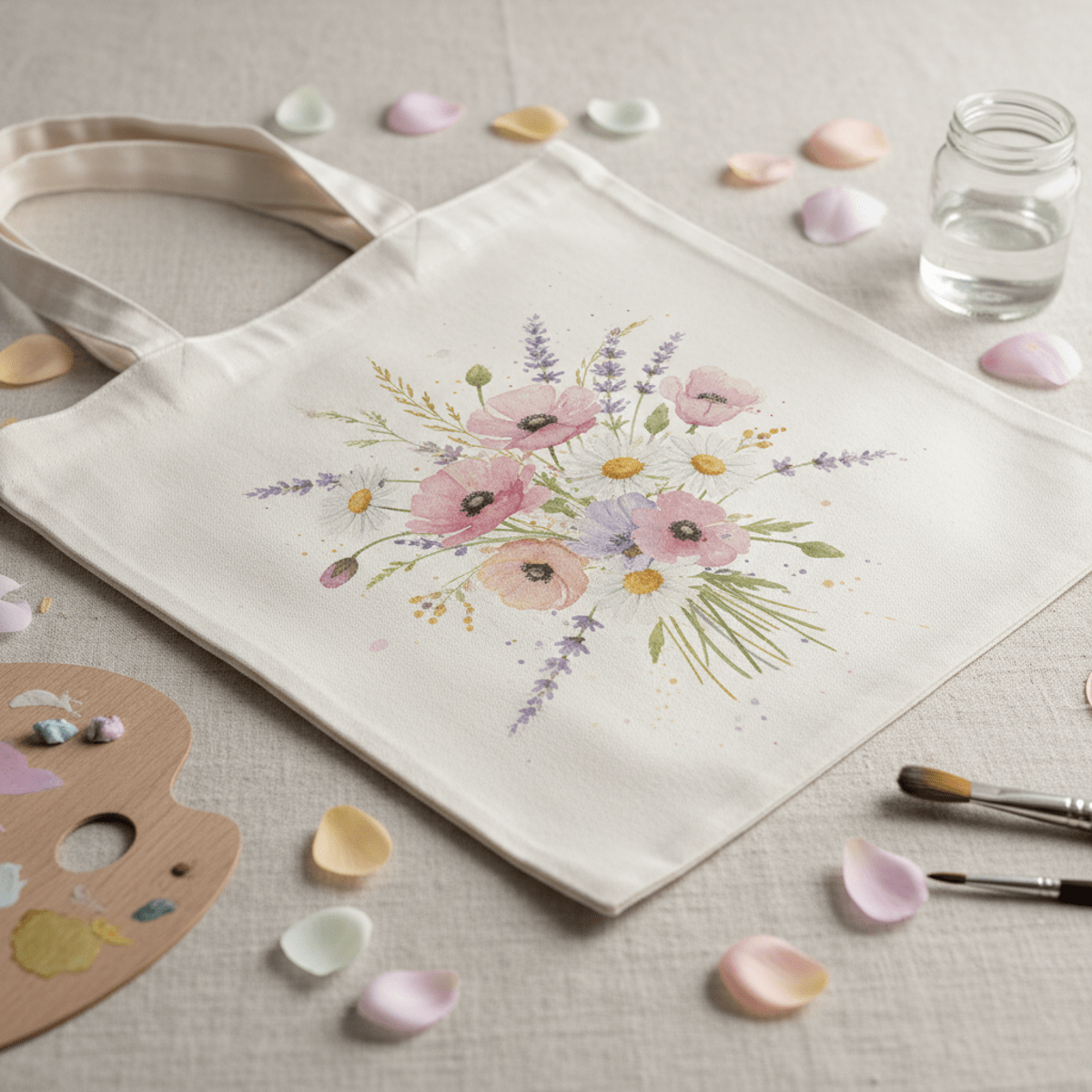 White canvas bag with delicate wildflower watercolor illustrations on linen backdrop.