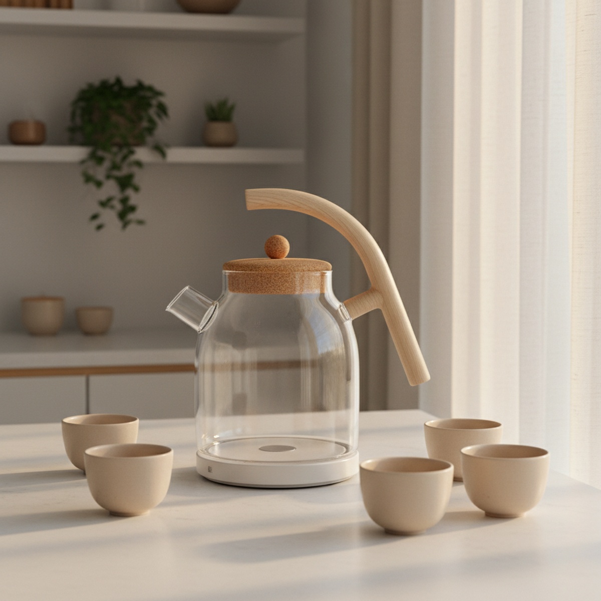 Transparent glass kettle with ash wood handle on a matte white countertop.