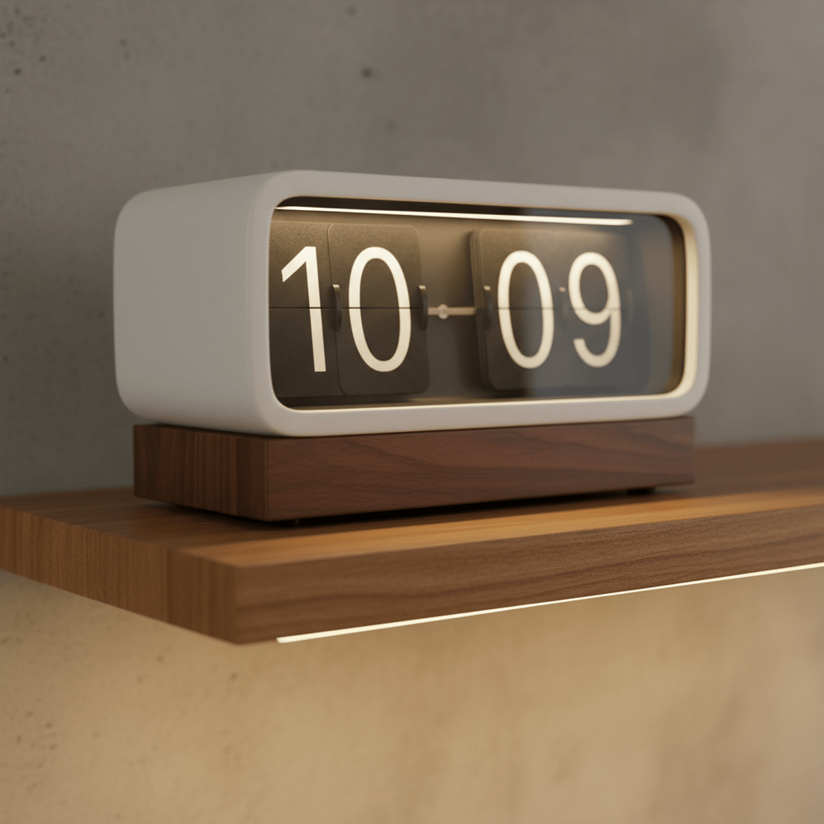 Contemporary flip clock with matte ceramic, walnut base, and vintage typography.