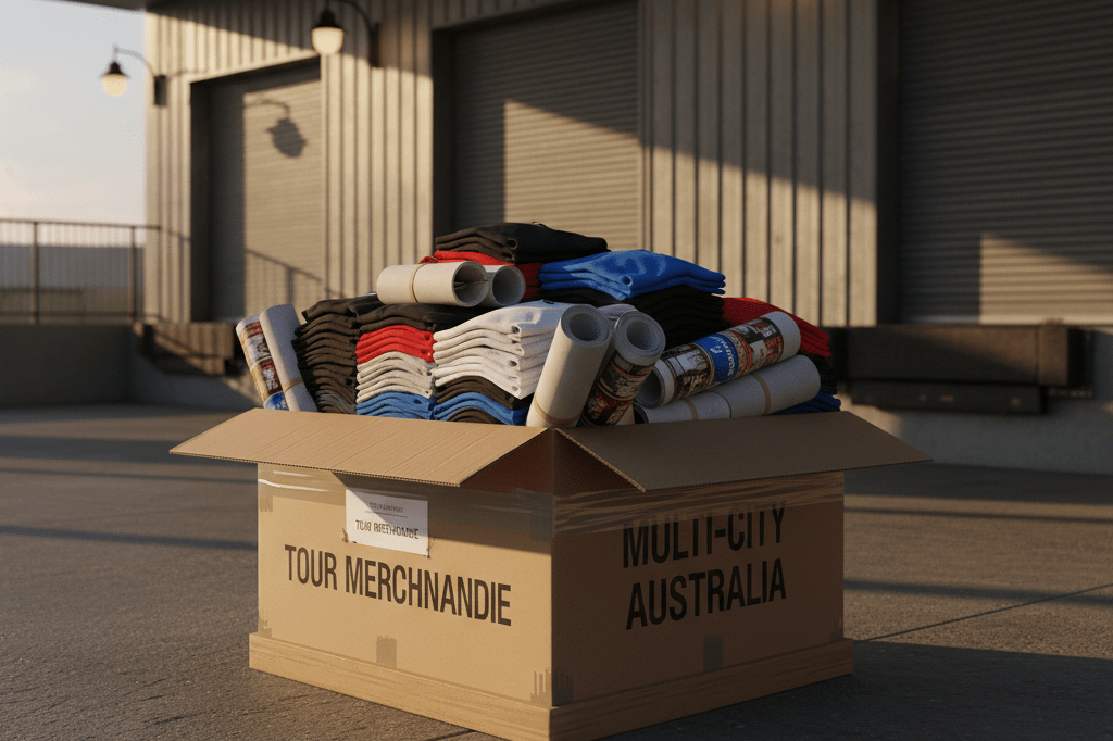 Cardboard box of concert shirts on loading dock under streetlights showing event supply chain