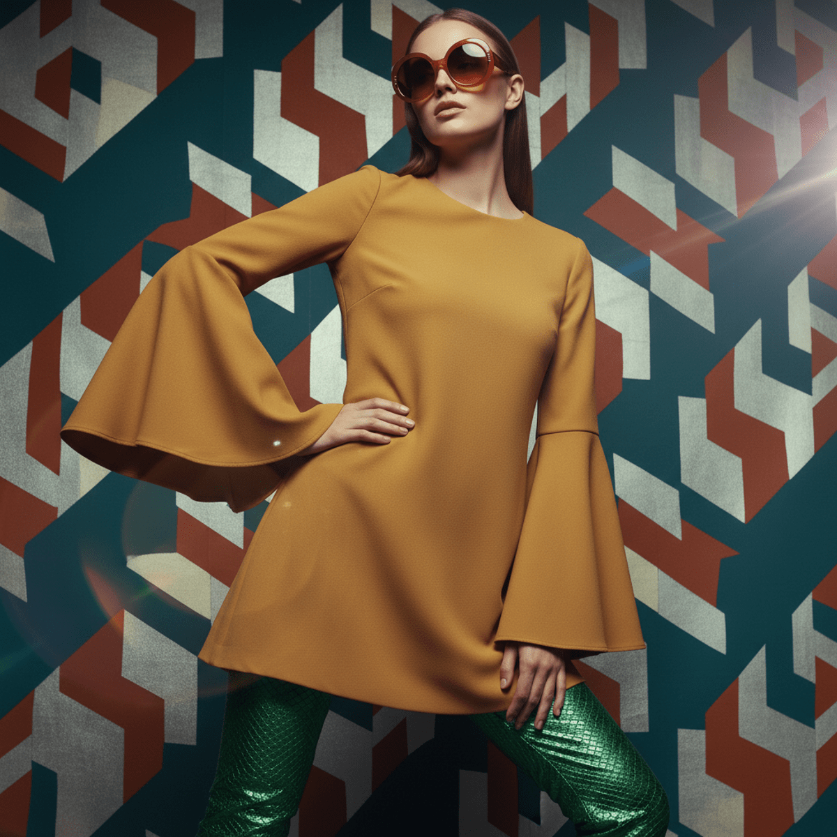 Retro-futuristic fashion portrait with 70s silhouettes and metallic textures. Model in 70s-inspired mustard dress and metallic leggings, 2026 color trends.