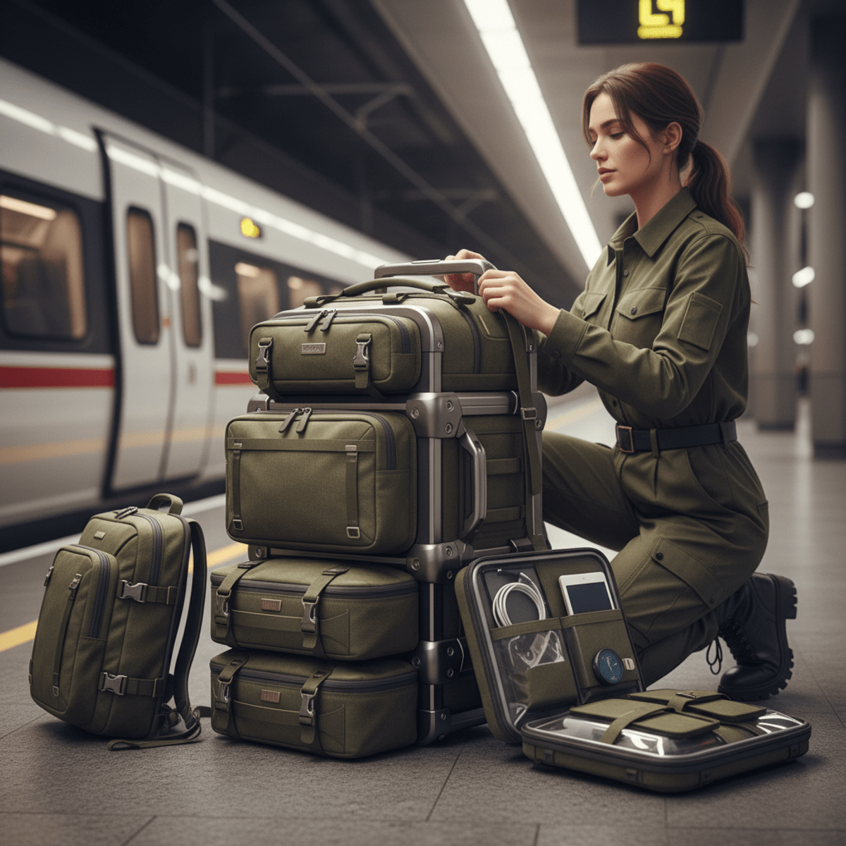 Adaptable modular trolley bag for modern urban travel Modular adaptable trolley bag with olive fabric and gunmetal structure for urban travel.