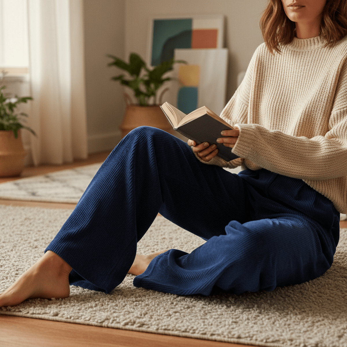 Woman in wide-leg sapphire blue corduroy pants and cream sweater.