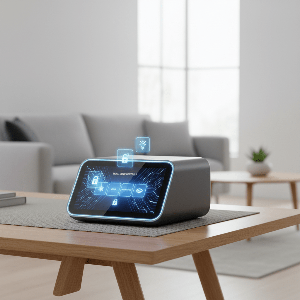 Sleek graphite router with touchscreen controls smart home devices.