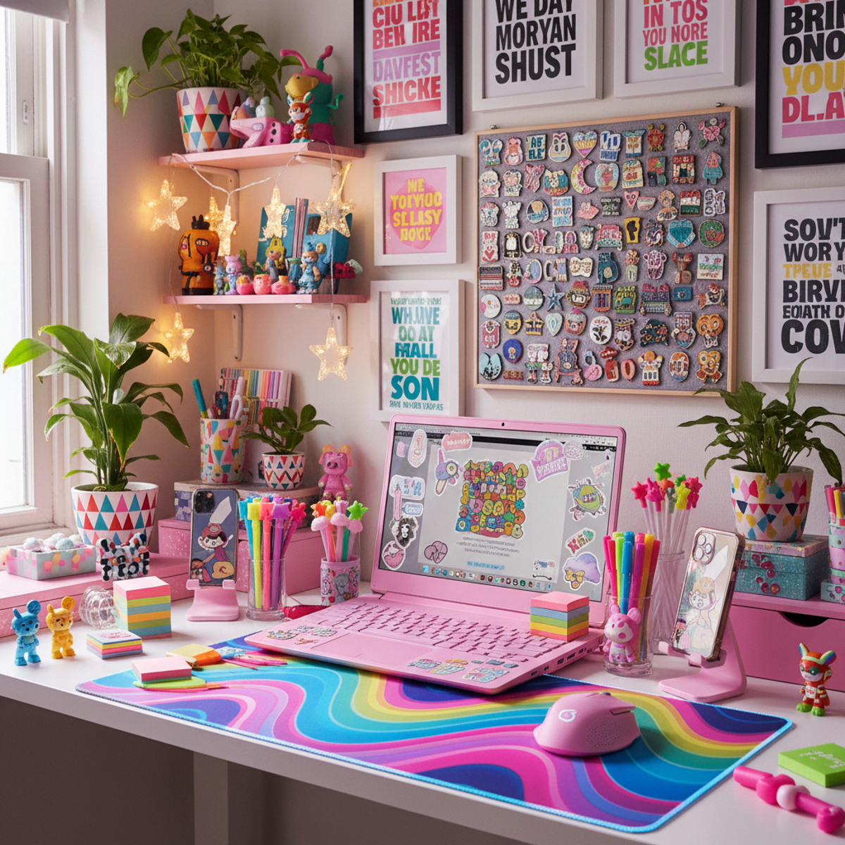 Vibrant maximalist desk with a pink laptop and eclectic holographic stickers.