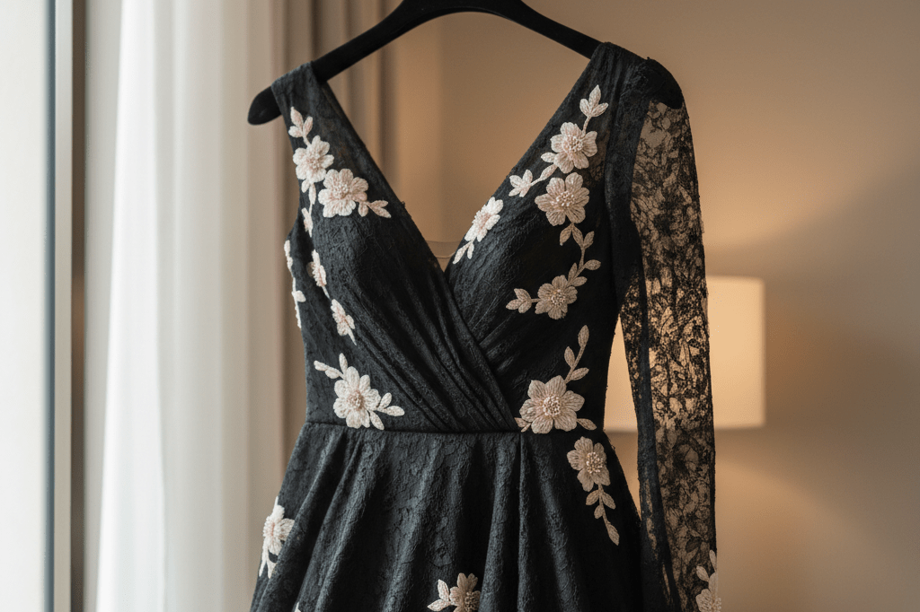 Close-up view of a black gown featuring pale-pink floral details under natural light, highlighting tonal contrast in design