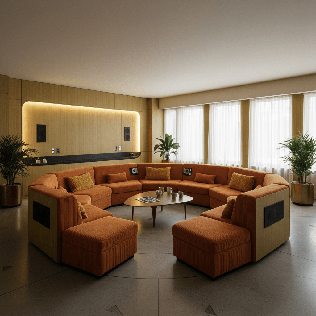 Retro-futurism living room with sunken pit, corduroy, and boucle seating.