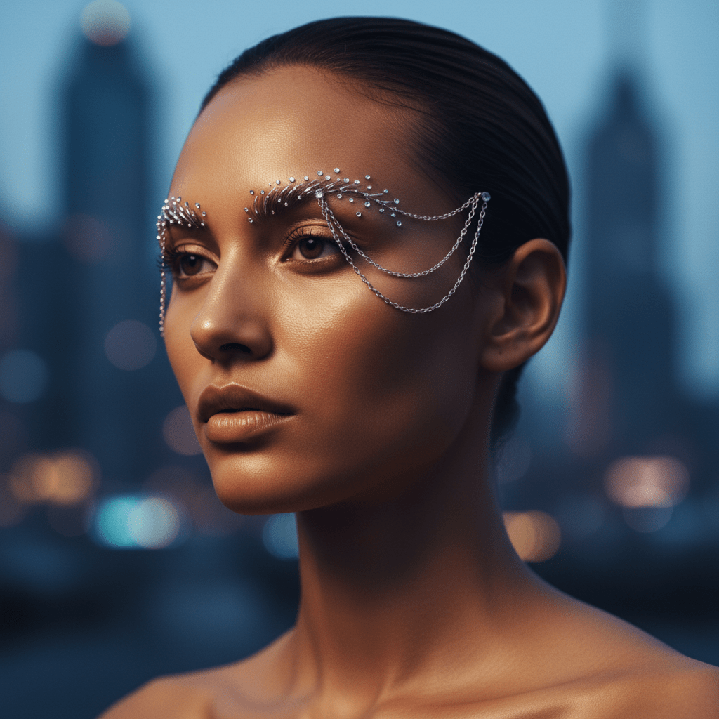 Futuristic metallic chains and rhinestones adorn eyebrows in dramatic cinematic lighting.
