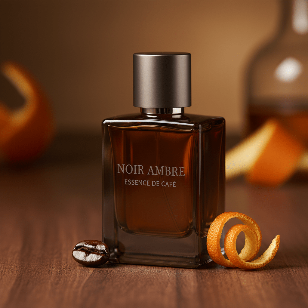 Dark amber glass cologne bottle with metal cap on polished walnut.