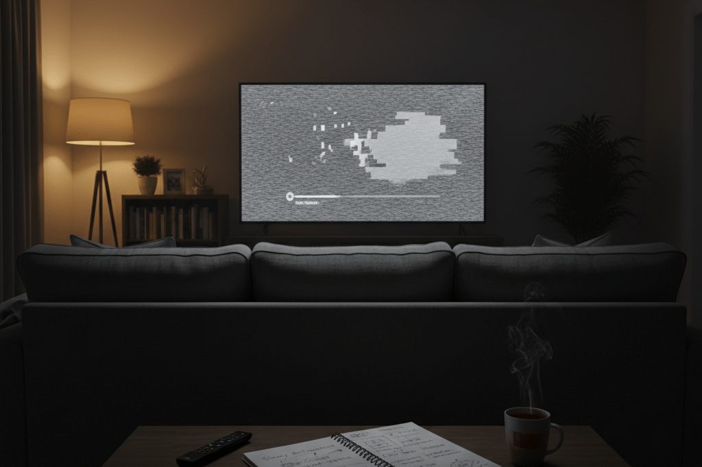 Warmly lit living room setup with TV static, notebook, and tea reflecting thoughtful market positioning