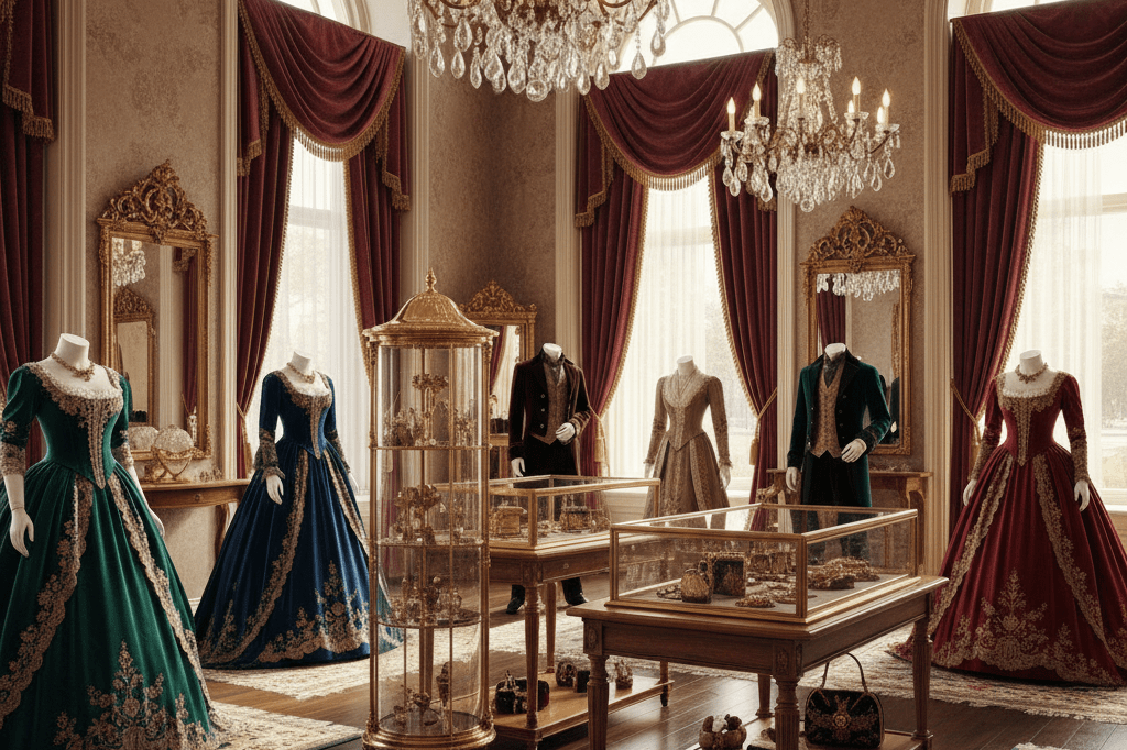 Luxury retail space infused with Victorian-inspired design elements Elegantly styled retail environment showcasing burgundy tones and gold accents under natural light for an immersive shopping experience