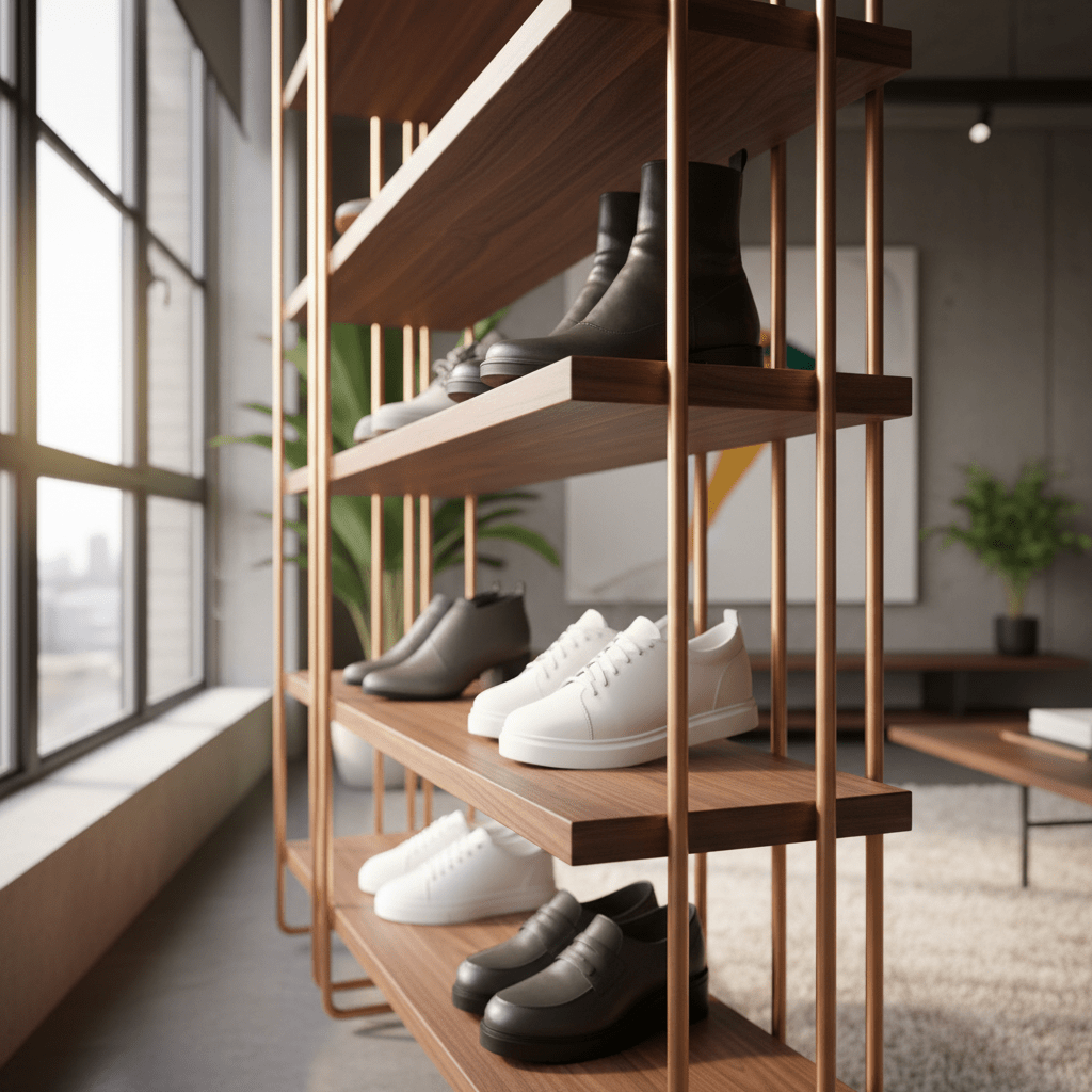 Minimalist show organizer with metallic pipes and walnut shelves in a luxury loft.
