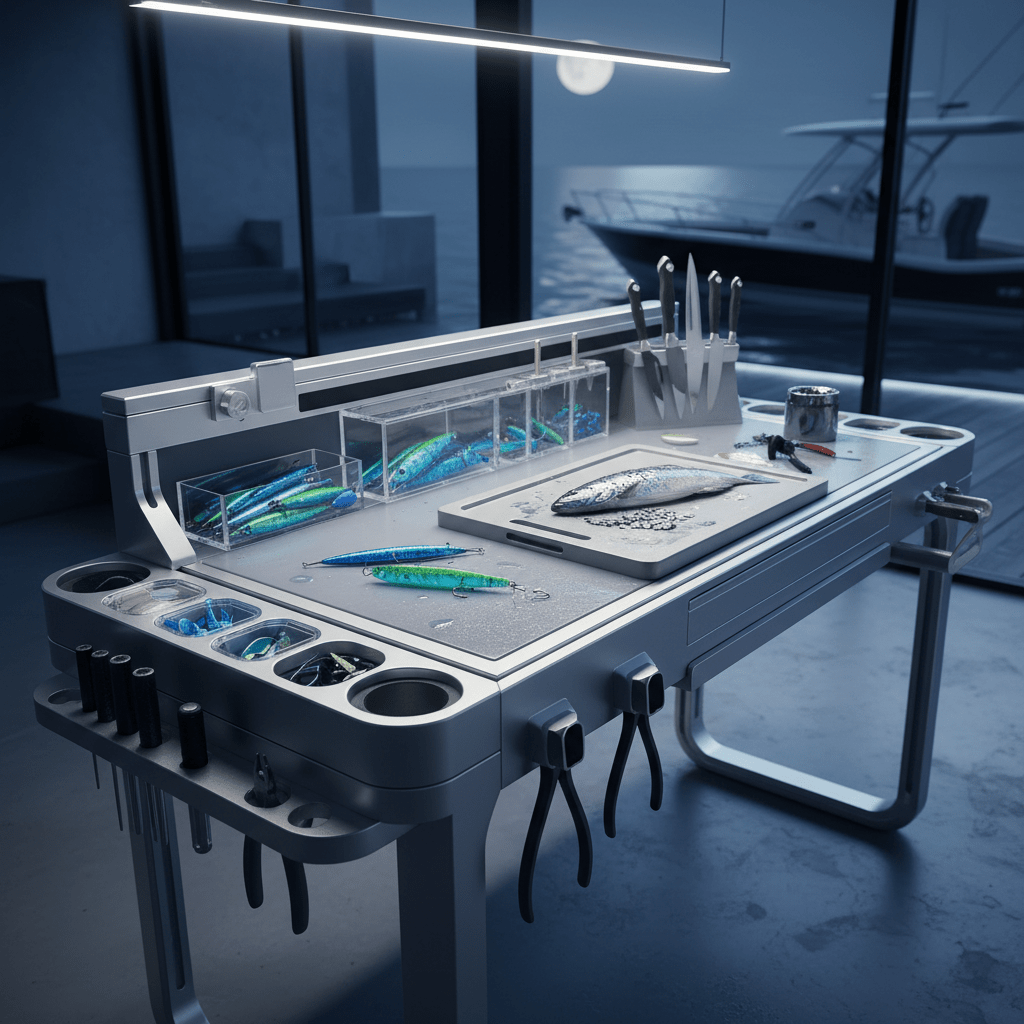 Sleek high-tech fishing table in a modern boathouse with anodized aluminum frame.