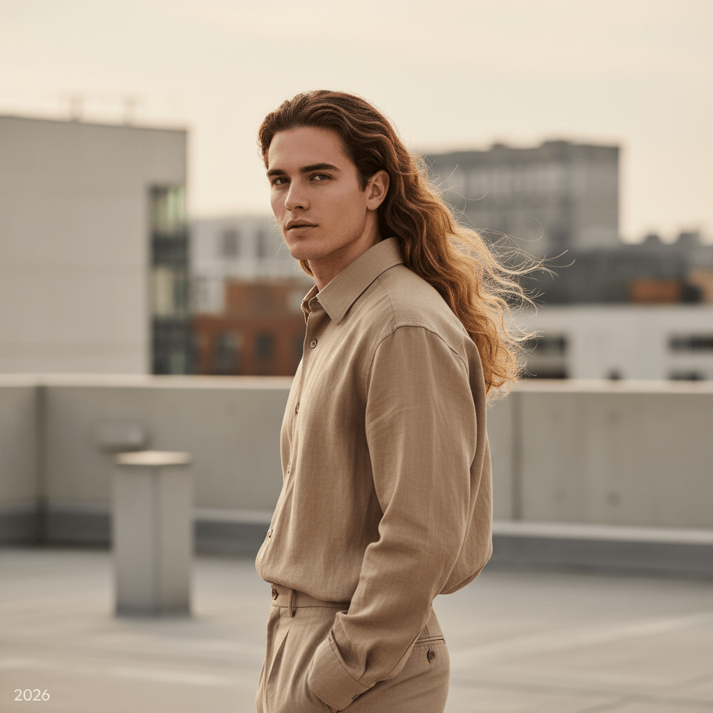 Male model with textured mullet hairstyle on urban rooftop in soft daylight.