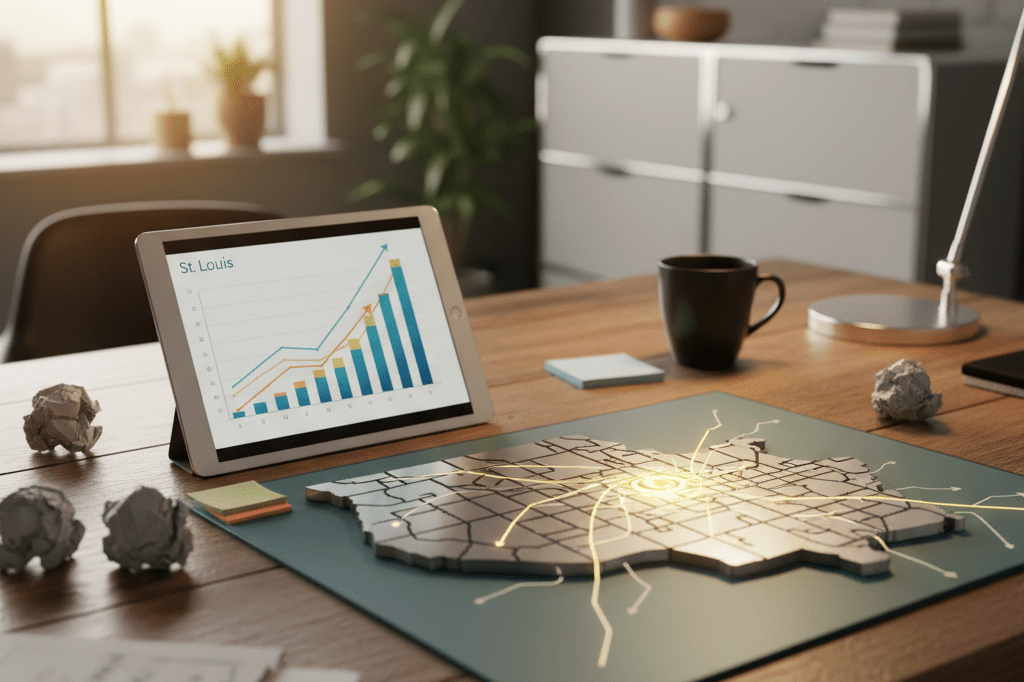Marketing analytics desk highlighting St. Louis regional targeting success Workspace with tablet showing growth charts and St. Louis map under warm light