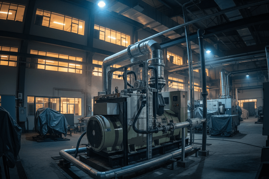 Wide shot of a commercial backup generator under ambient light, highlighting emergency power solutions for business resilience