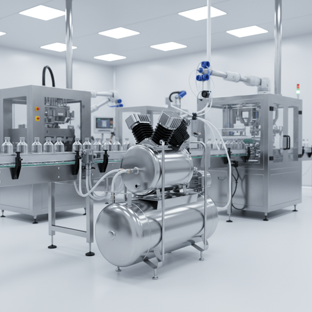Large oil-free scroll compressor in a sterile, temperature-controlled food processing facility.