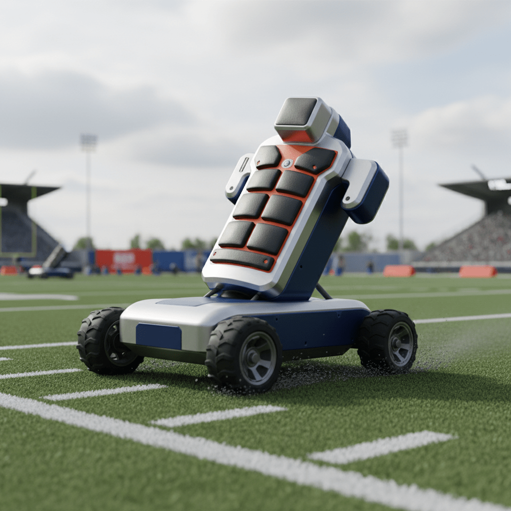 Futuristic football tackle dummy on rugged wheels dynamically evading a player.