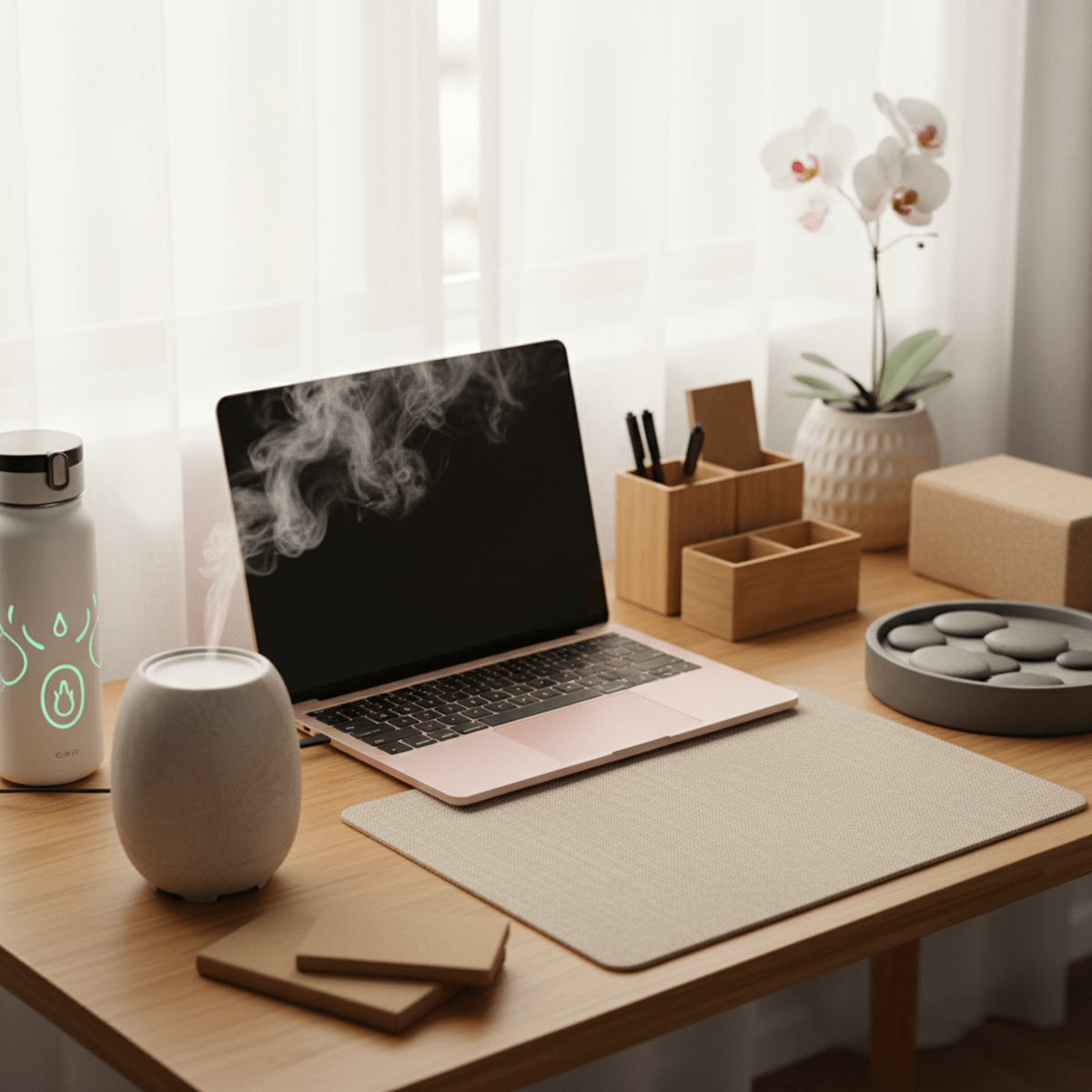 Pink laptop on a bamboo desk with zen garden and lavender mist.