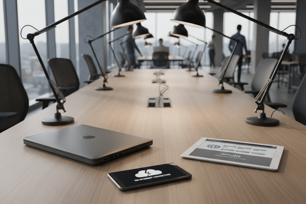 Laptop, phone, and tablet symbolize operational gaps caused by digital blackouts, under natural indoor lighting