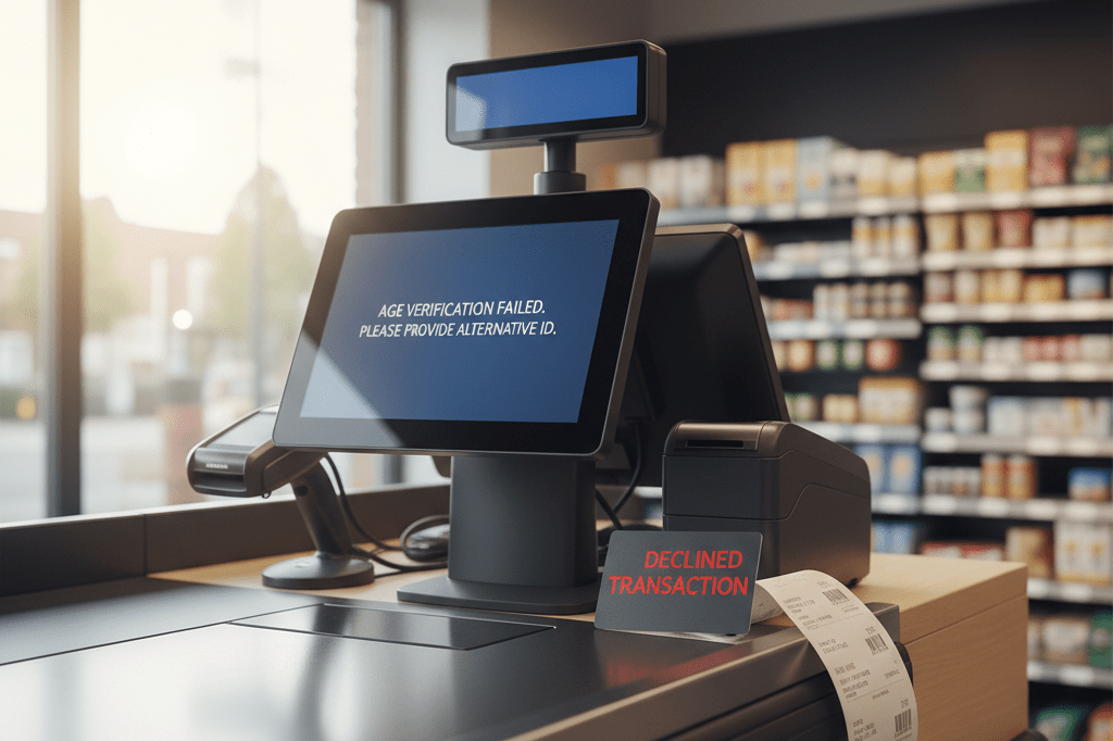 Modern retail counter with touchscreen terminal and declined card under ambient light, symbolizing verification system challenges