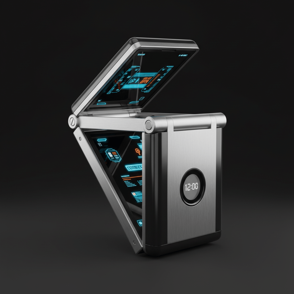 Partially open retro clamshell phone with illuminated interface and metal hinge.