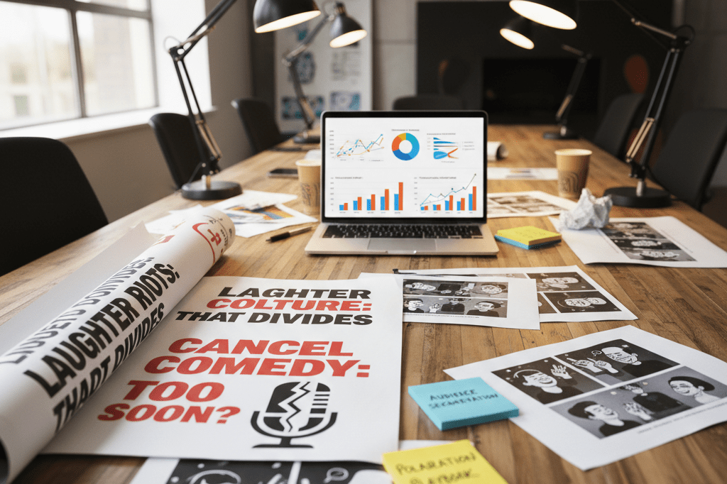 Office table with campaign mockups and analytics charts illustrating strategic comedy marketing