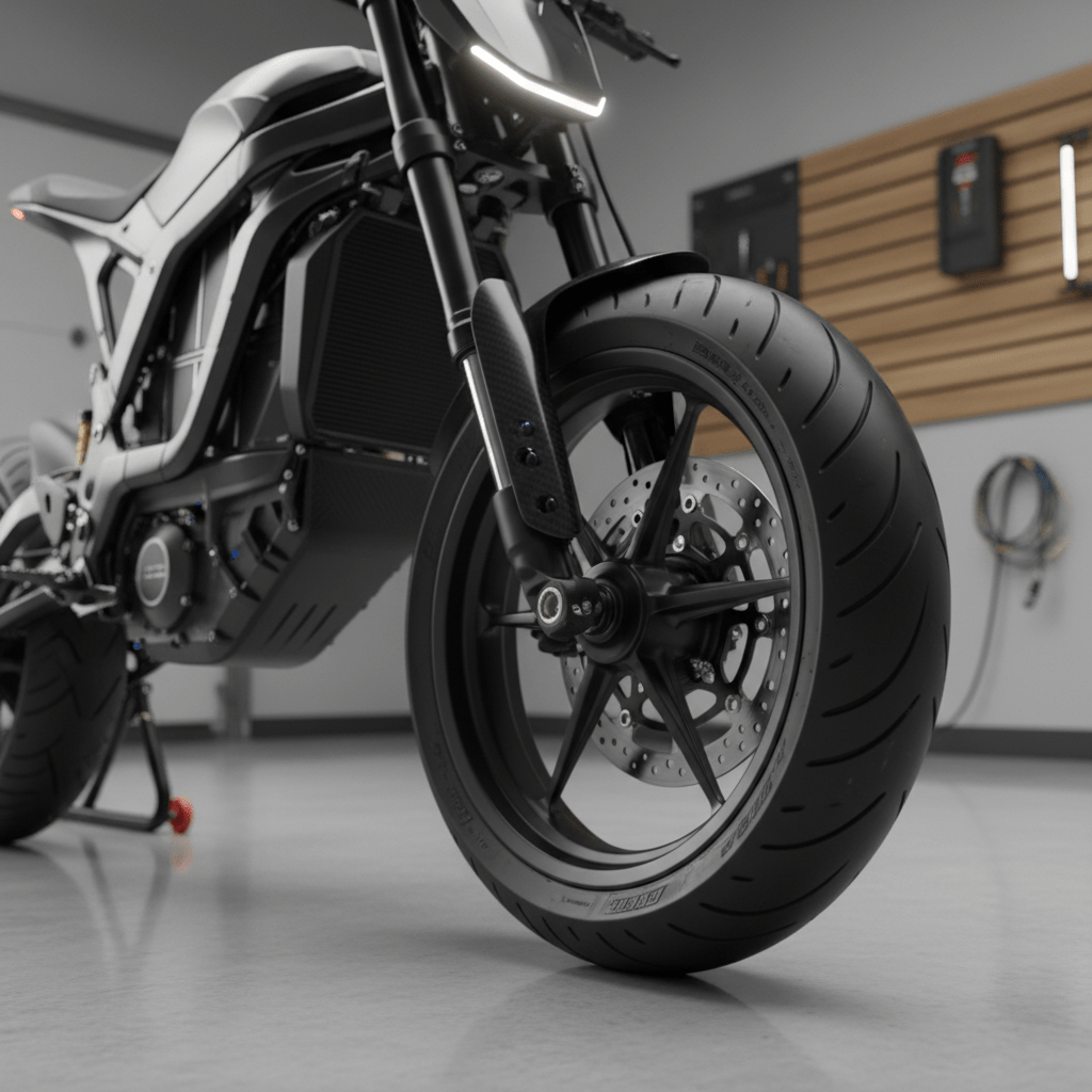 Close-up of eco-friendly supermoto tire tread with smooth, low-profile grooves.