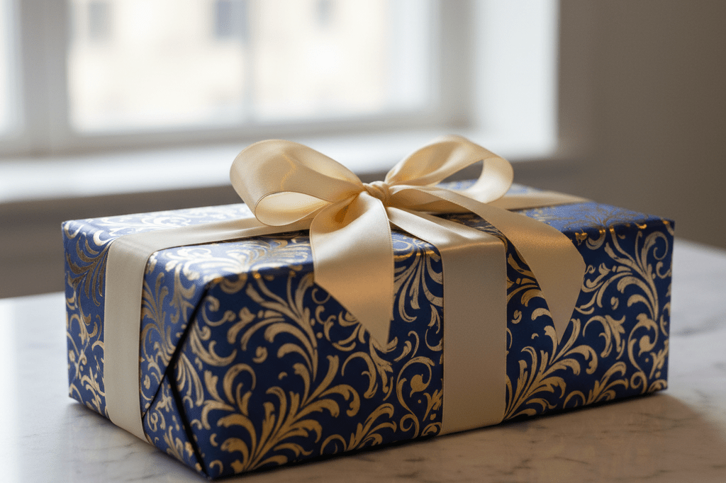 Close-up view of a beautifully designed luxury gift box adorned with a satin ribbon, illuminated by soft natural light