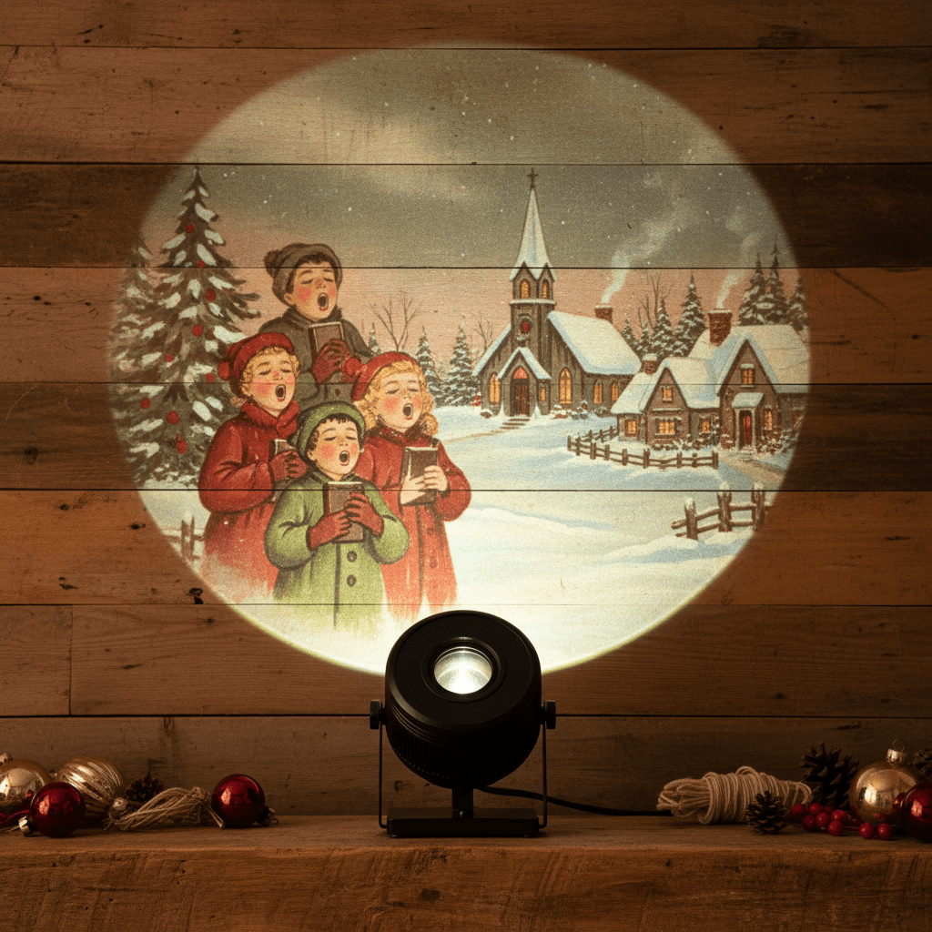 Projector casts animated 1940s holiday scenes on a rustic indoor wall.