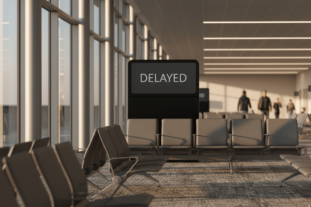 Medium shot of an unoccupied airport gate area with a digital 'DELAYED' flight display, natural lighting, no visible faces or branding