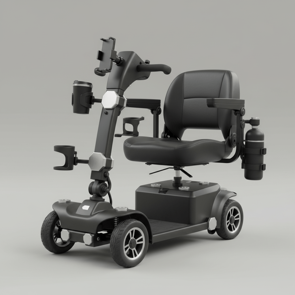 Modern mobility scooter frame with universal accessory connectors. Sleek matte black mobility scooter frame with modular accessory mounting points.