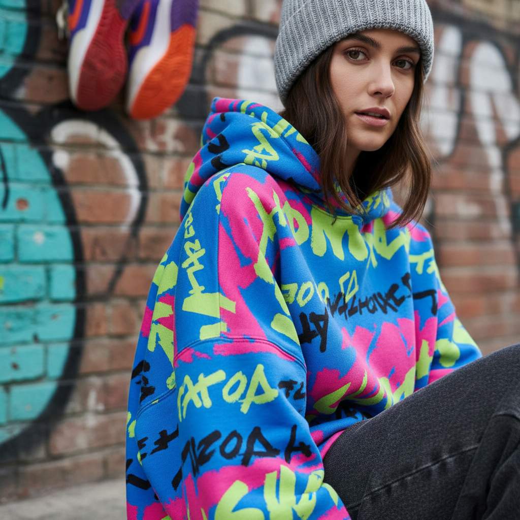 Woman in gray fisherman beanie and graphic hoodie with denim and sneakers.