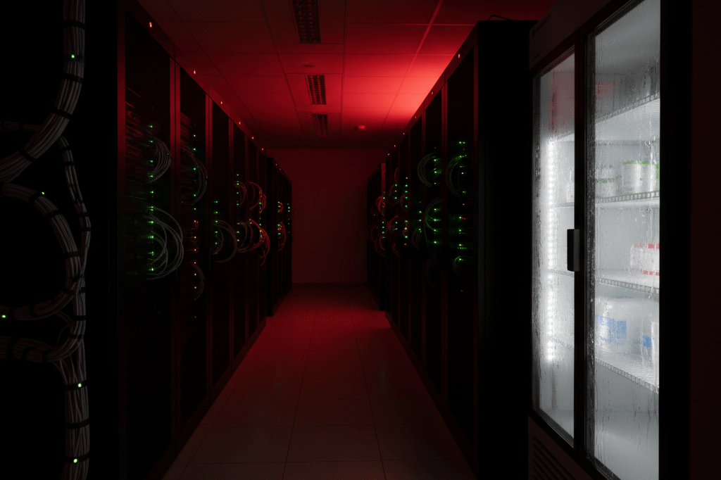 Modern server room with inactive equipment and compromised cold storage during a power failure, emphasizing business continuity risks