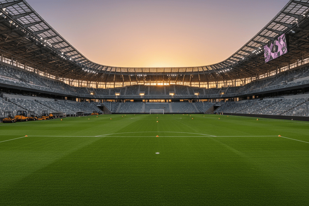 Empty soccer stadium with pristine turf and advanced facilities under warm sunset lighting, symbolizing large-scale venue transformation