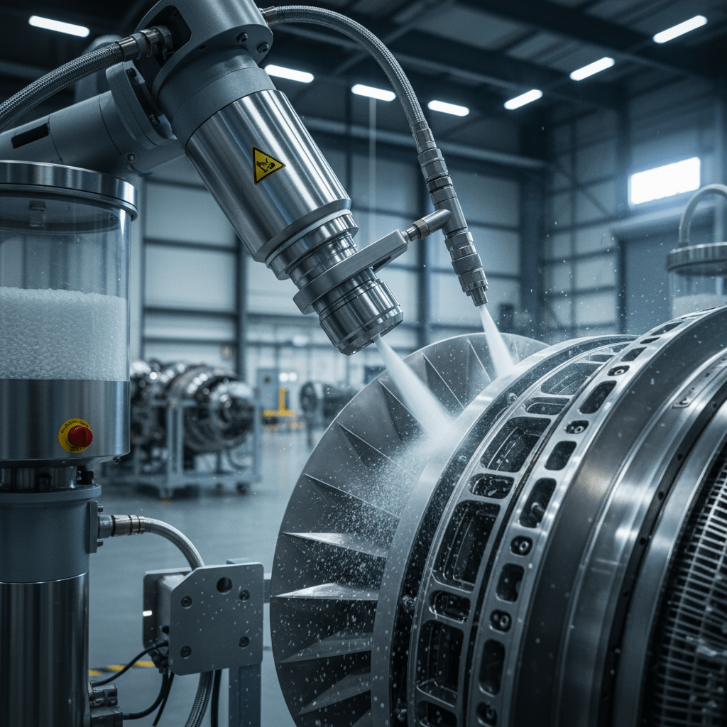Advanced dry ice blasting equipment precisely cleaning turbine blade assembly in hangar.