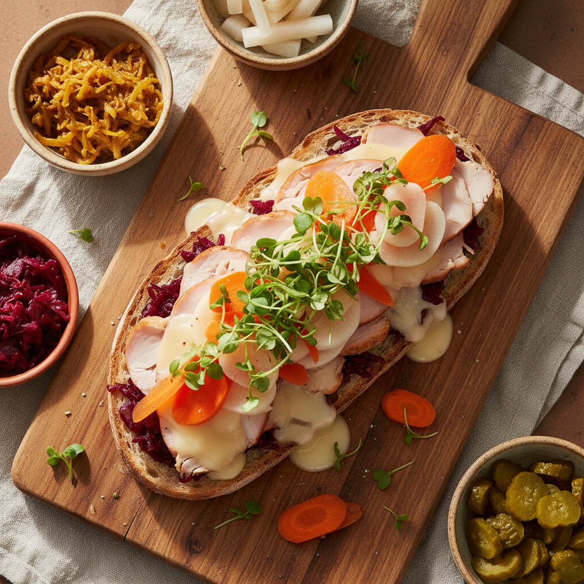 Overhead view of an open-faced sandwich with turkey, swiss, and colorful pickled vegetables.