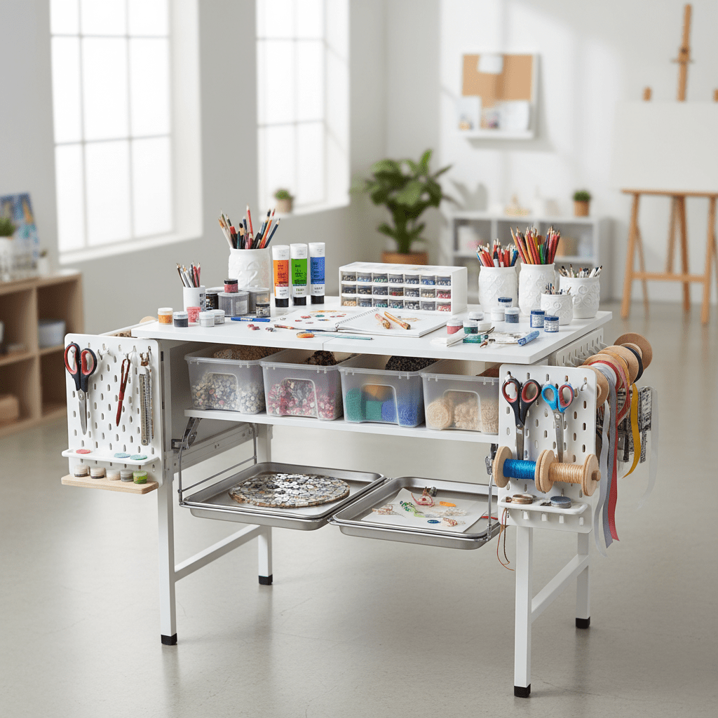 Portable fold-out craft table with organized tools and materials in a bright studio.