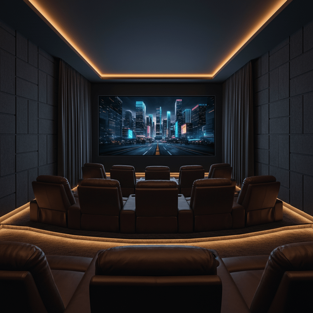 Luxurious home theater with plush leather recliners and a massive 150-inch screen.