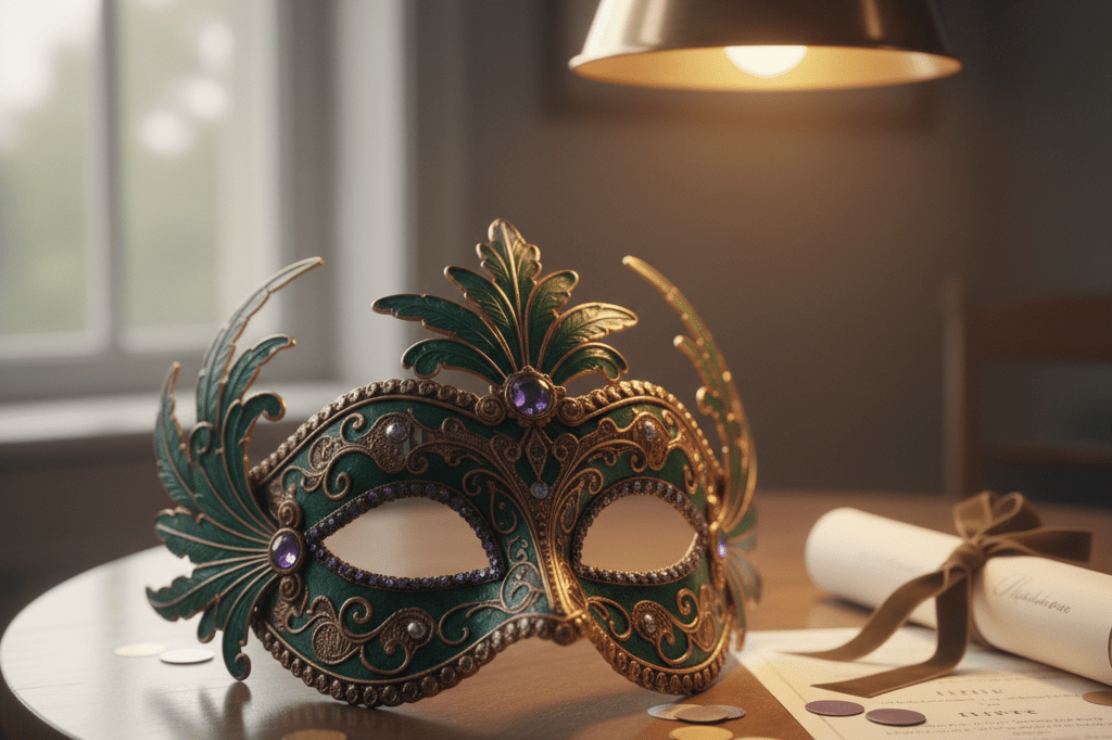 Close-up of an ornate mask on a table with subtle party elements, lit by natural and ambient light, evoking anticipation and engagement