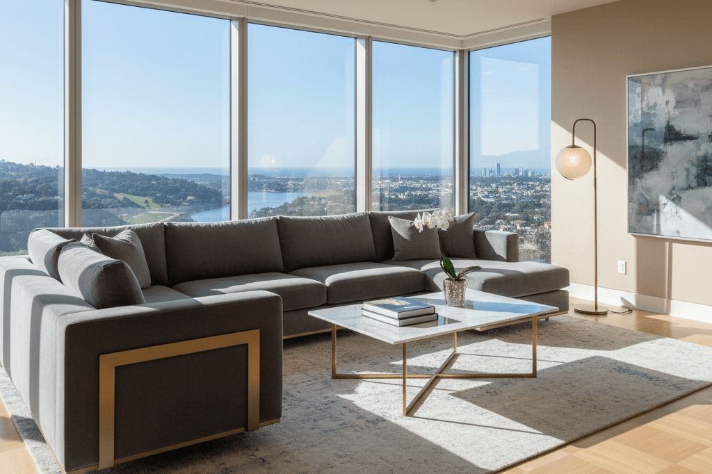 Stylishly designed living room with scenic views under natural and ambient lighting, evoking aspirational homeownership