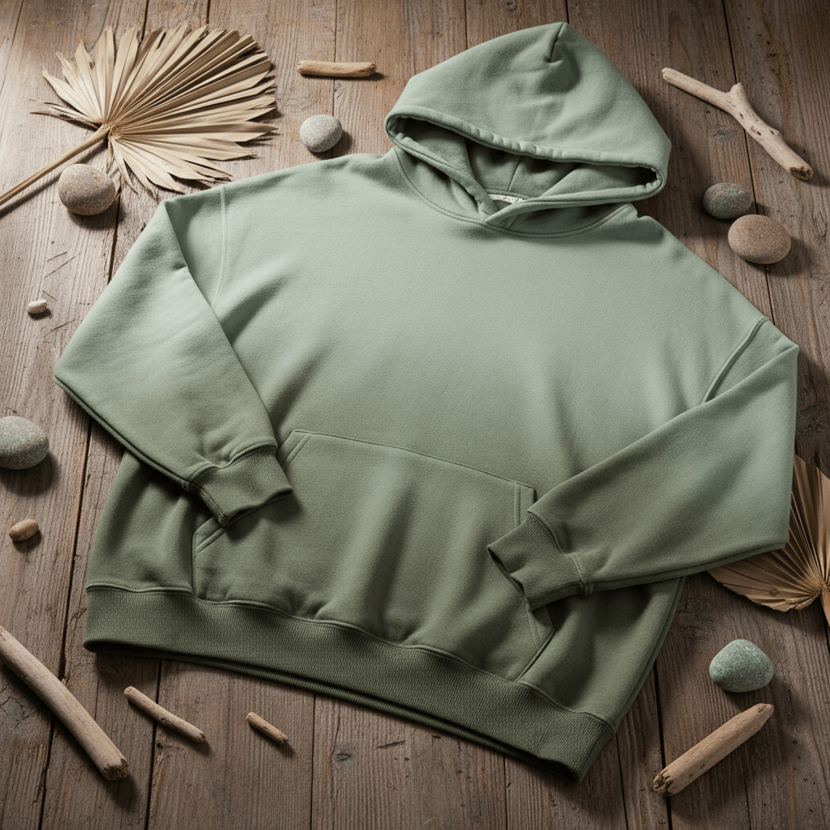 Oversized tie-dye hoodie with olive to sage green gradient on wood.