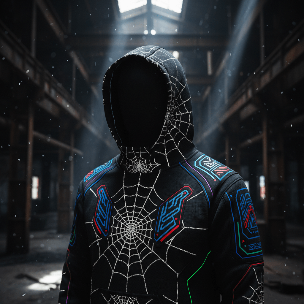 Futuristic matte black hoodie with reflective silver spiderweb print and neon accents.